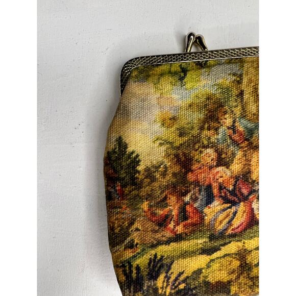 Vintage Tapestry Print Coin Purse Scenic Design Gold Frame - Picture 2 of 7